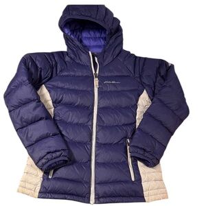 Eddie Bauer First Ascent Down Puffer Jacket coat Purple Hooded Kids Med (10–12)